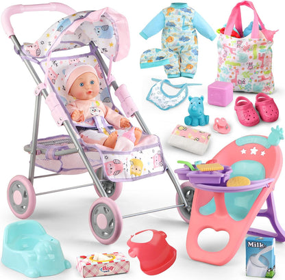Baby Doll Stroller for Kids 3 4 5 6,Have Doll and 23 PCS Doll Accessories