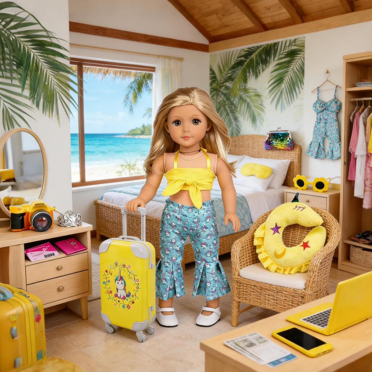 ebuddy 18 inch Doll Clothes and Accessories-Travel Suitcase Set with Fashion Outfit & Pretend Play Accessories Fit for 18" Girl Dolls (No Doll)