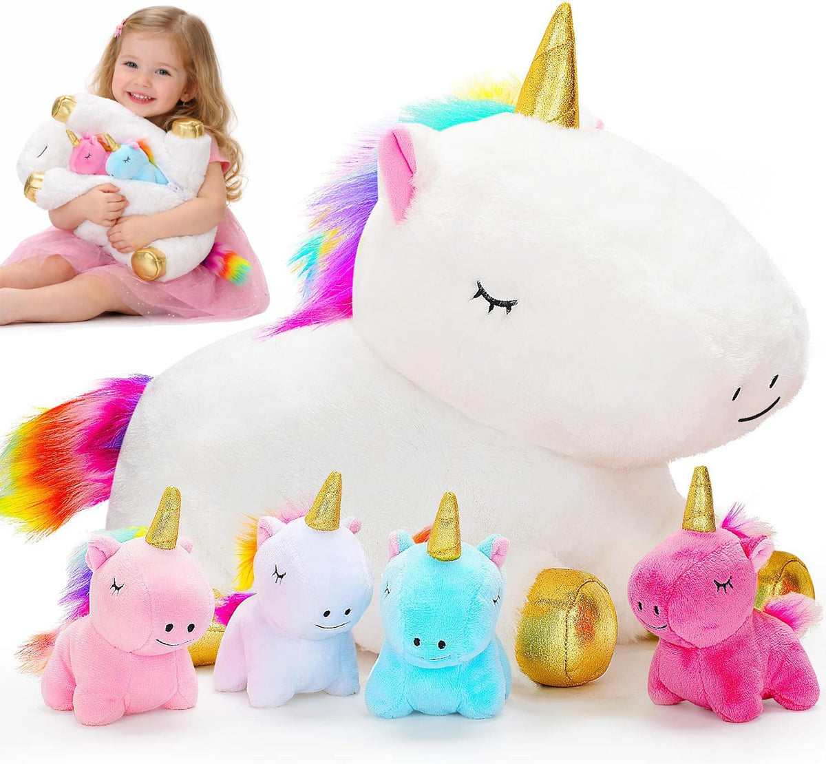 KMUYSL Mommy Plush Toys with 4 Babies, Stuffed Animal for Kids, Unicorn