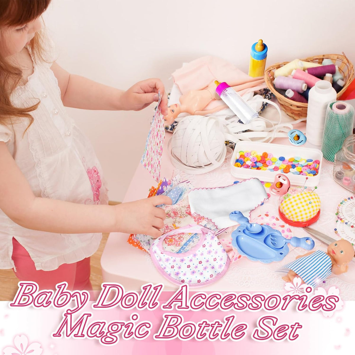 15Pcs Baby Doll Accessories Magic Bottle Set,Pretend Play Feeding Toy with Juice Milk Bottles,Sippy Cups,Pacifiers,Bowl Spoons,Bib,Diaper,Dolls Feeding Kit for Kids Girls,Party,Gift