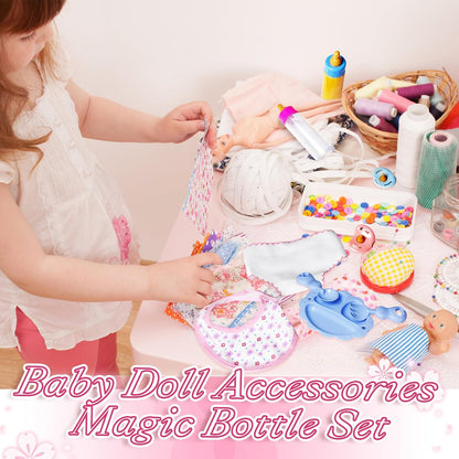 15Pcs Baby Doll Accessories Magic Bottle Set,Pretend Play Feeding Toy with Juice Milk Bottles,Sippy Cups,Pacifiers,Bowl Spoons,Bib,Diaper,Dolls Feeding Kit for Kids Girls,Party,Gift