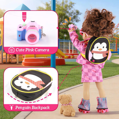 American 18 Inch Doll Clothes & Accessories Set – Includes Pink Plaid Coat, Heart T-Shirt, Skating Shoes, Pet Dog, Penguin Backpack, Camera, Glasses & More – Perfect for 18" Dolls (No Doll)