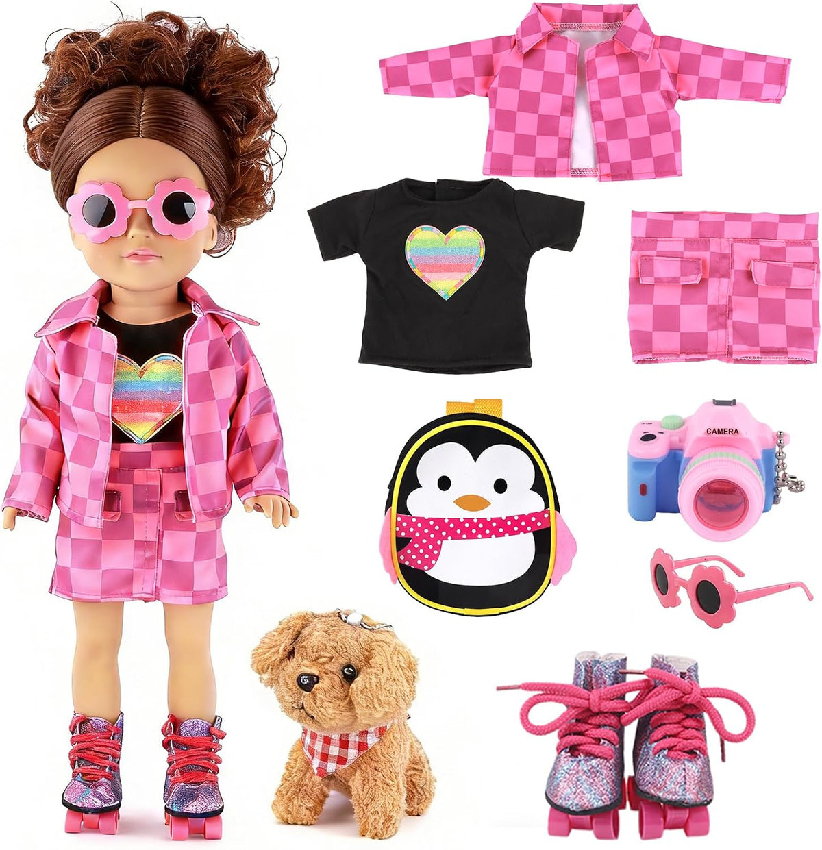 American 18 Inch Doll Clothes & Accessories Set – Includes Pink Plaid Coat, Heart T-Shirt, Skating Shoes, Pet Dog, Penguin Backpack, Camera, Glasses & More – Perfect for 18" Dolls (No Doll)