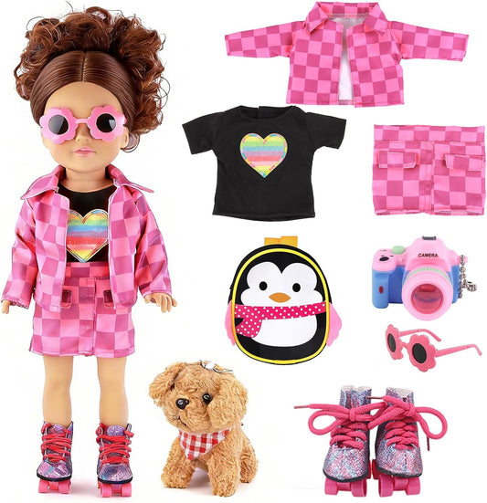 American 18 Inch Doll Clothes & Accessories Set – Includes Pink Plaid Coat, Heart T-Shirt, Skating Shoes, Pet Dog, Penguin Backpack, Camera, Glasses & More – Perfect for 18" Dolls (No Doll)