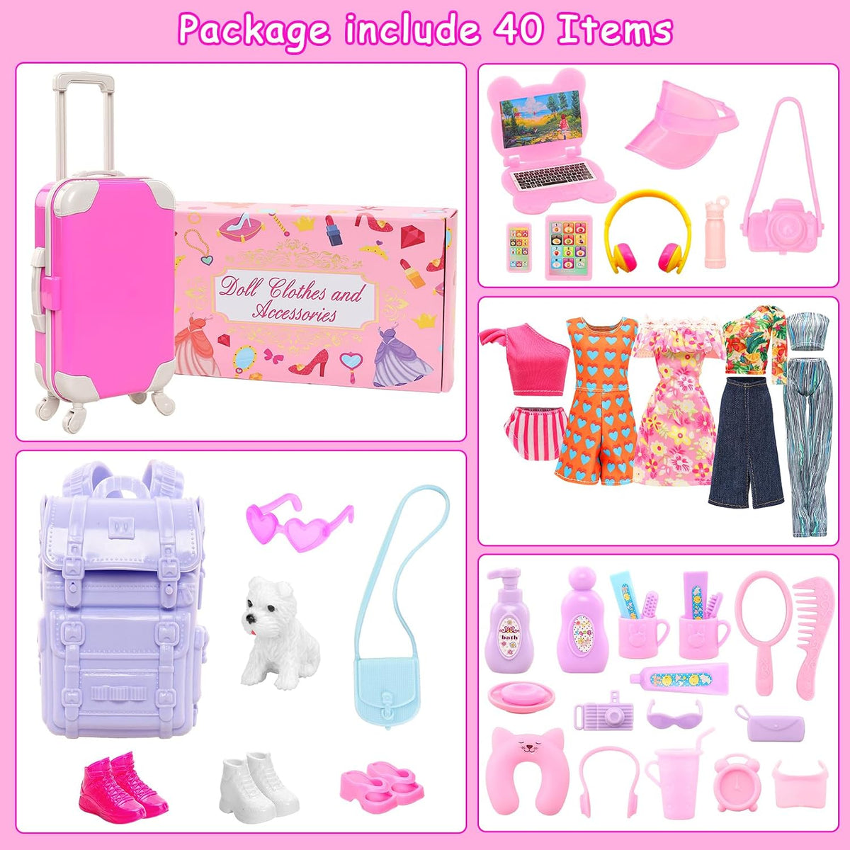 40 PCS Doll Travel Accessories Playset for 11.5 Inch Girl Dolls