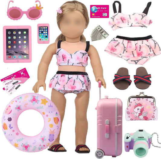 18 inch Girl Doll Accessories-Travel Luggage Play Set for 18 Inch Girl Dolls Include Case,Doll Swimming Suit,Ring,Sunglasses,Camera,etc.