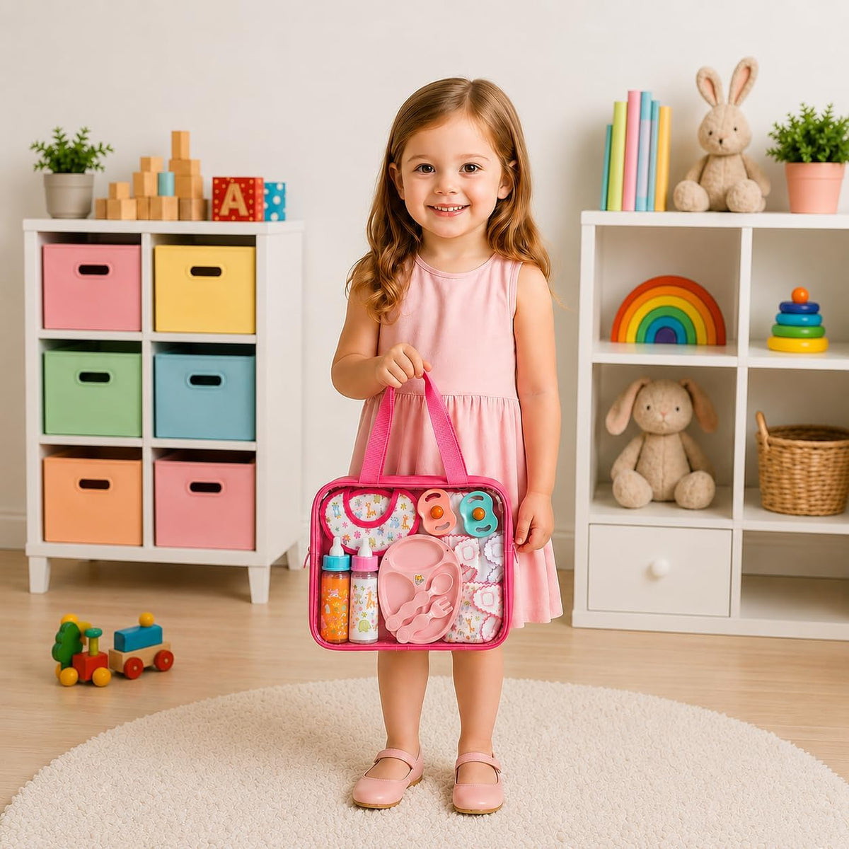 fash n kolor My Sweet 13-Piece Doll Feeding & Diaper Bag Set – Magic Disappearing Milk Bottles, Diapers, Bibs, Pacifiers & Accessories – Pretend Play Doll Care Kit with Carrying Bag for Girls
