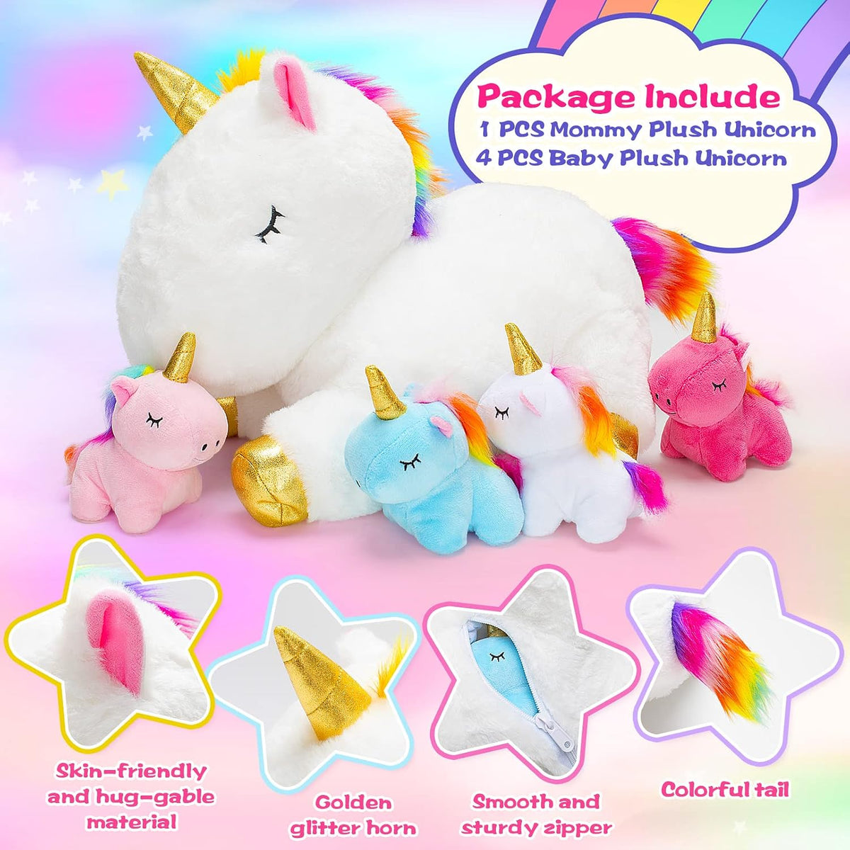 KMUYSL Mommy Plush Toys with 4 Babies, Stuffed Animal for Kids, Unicorn