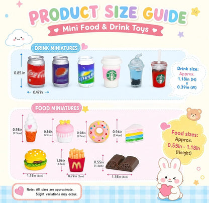50 Pcs Miniature Food Drink Bottles Soda Pop Cans Pretend Play Kitchen Game Party Accessories Toys Hamburg Cake Ice Cream for 1/12 Doll House (25Food+25Drink)