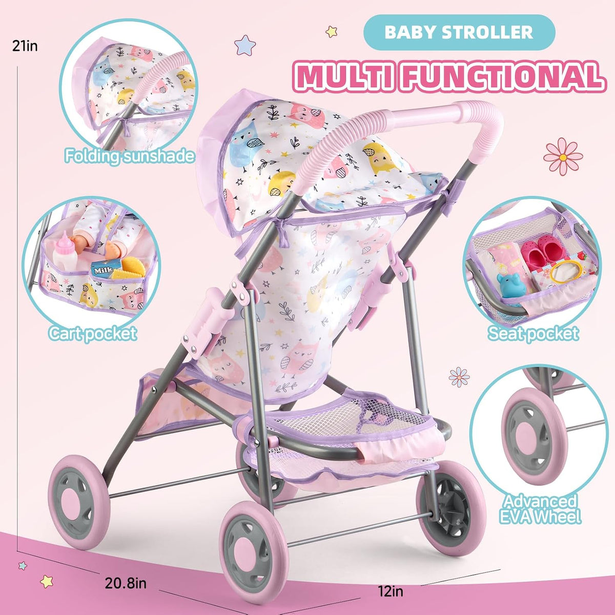 Baby Doll Stroller for Kids 3 4 5 6,Have Doll and 23 PCS Doll Accessories
