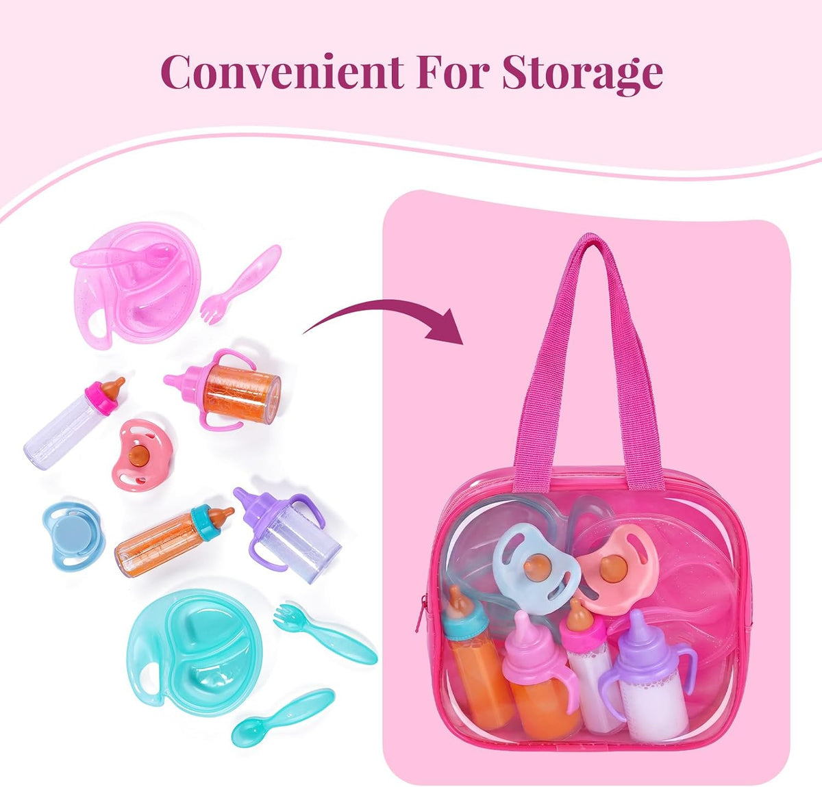 BABESIDE 13 Pcs Baby Doll Accessories Set, Magic Baby Doll Bottles and Accessories Toy Babys Bottles with Disappearing Milk, Babydoll Accessories for Girls Pretend Play Toy