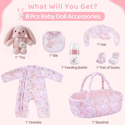 BABESIDE 8 Pcs Baby Doll Clothes Set with Bassinet for 12-15 Inch Dolls