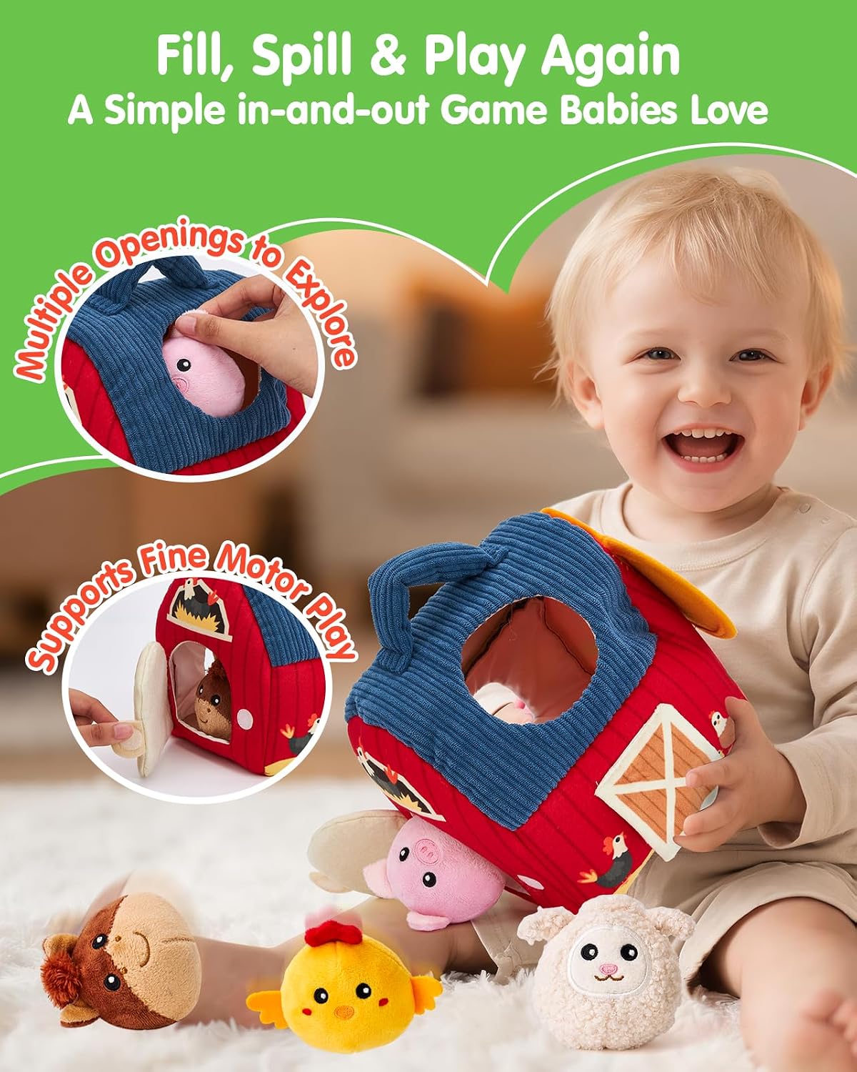 hahaland Baby Toys 6-12 Months - Surprise Barn Stuffed Farm Animals Plush