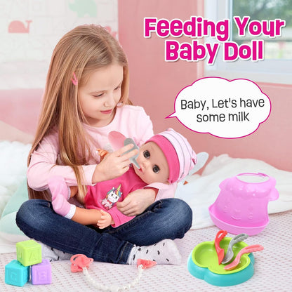 TUZT Baby Doll Accessories Playset, Baby Doll Care Toys with Changing Bag Backpack Feeding Set Doll Nappies Bottle Bath, Birthday Toys for Kids Girls (Doll Not Included)