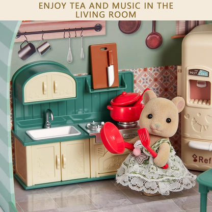 Dollhouse Kitchen Furniture Suitcase Set for Kids, 2 Flexible Dolls/Dining Tble/Kitchenware/Tableware/Refrigerator/Bread, Pretend Play Dollhouse Accessories Christmas Birthday Gift for Girls Ages 3+