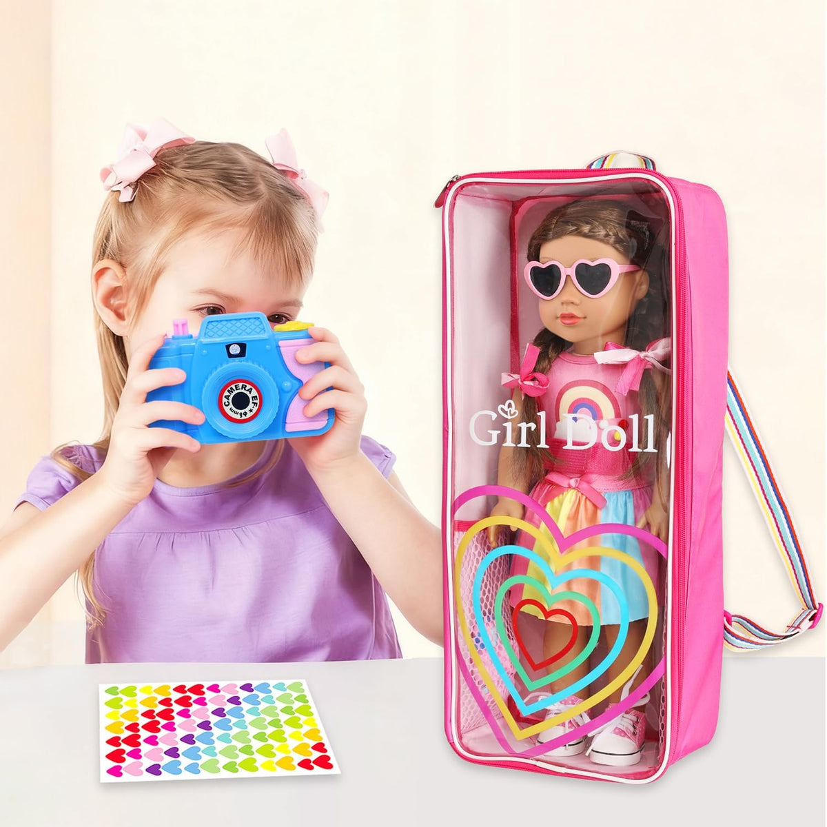 ZITA ELEMENT 18 Inch Girl Doll Travel Carrier Backpack Rainbow Heart Style