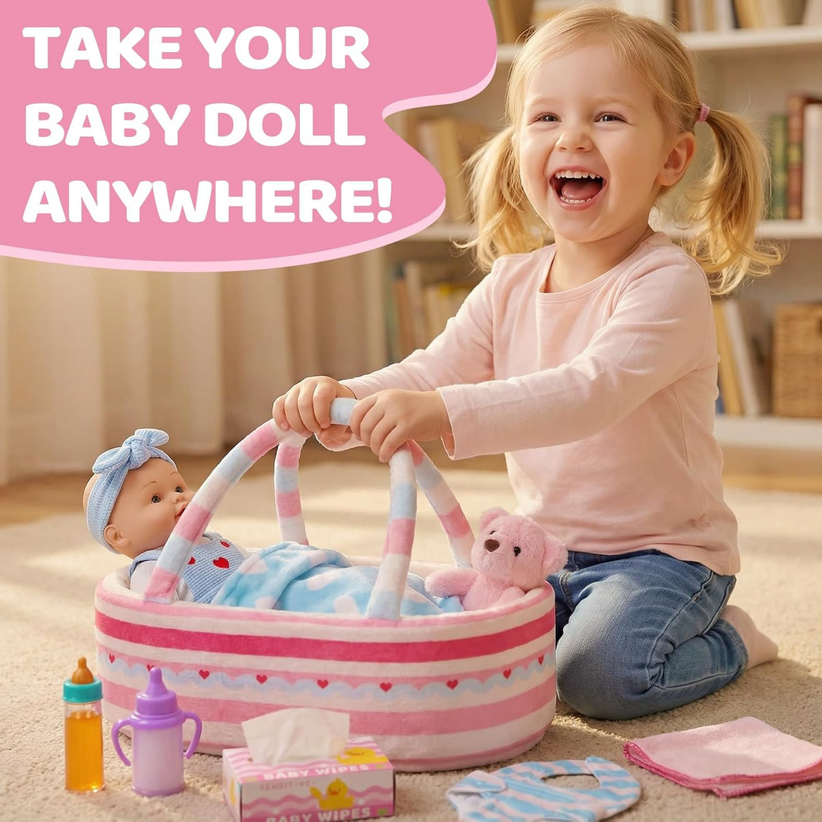 15 Pcs Baby Doll Accessories Set, Pretend Play Game Gift for Girls Age 3+