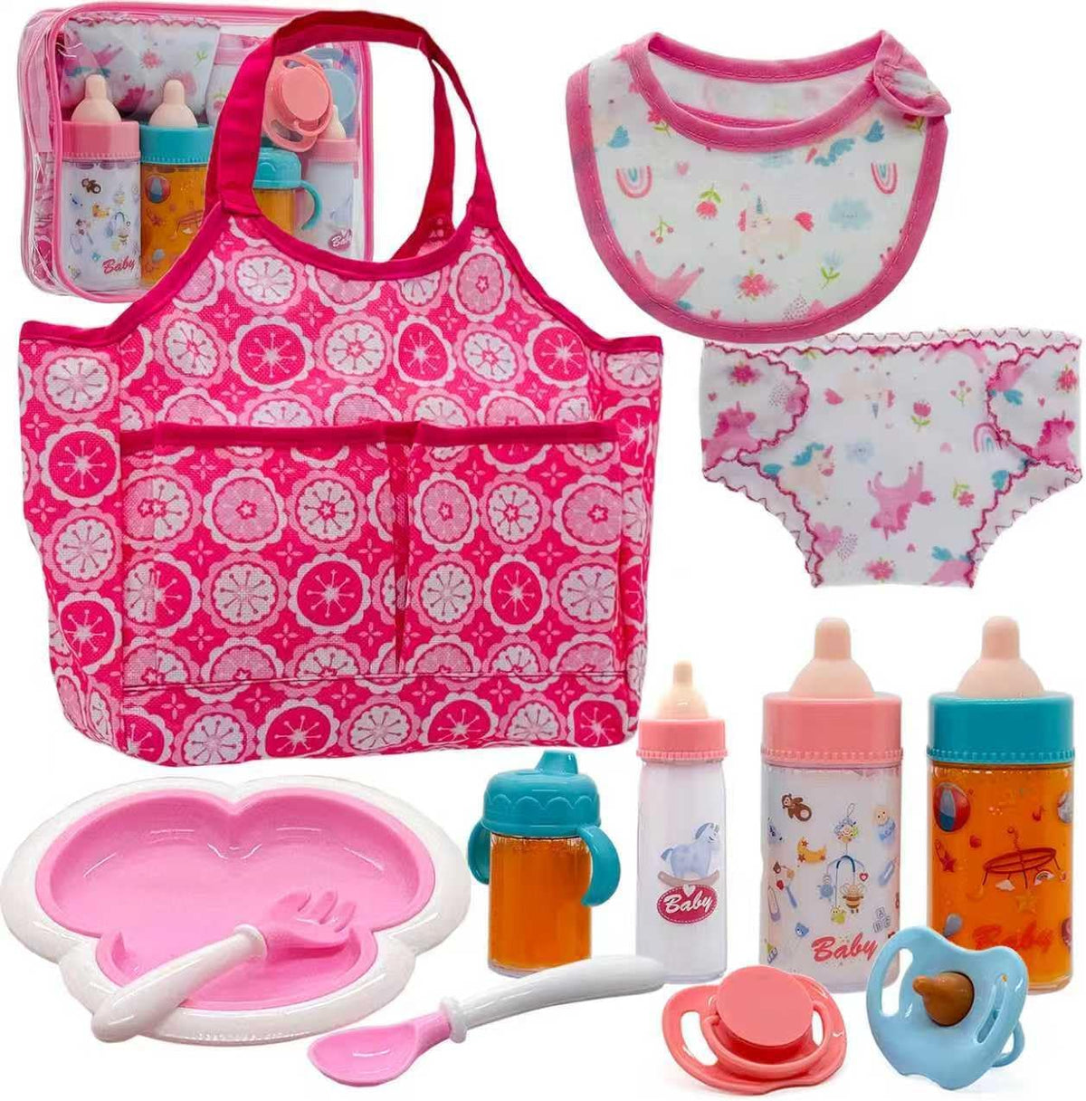 Baby Doll Accessories Magic Bottle Set - Doll Feeding Pretend Playset with Disappearing Milk & Juice Bottles,Handbag Pacifiers Bowl Diaper & Bib Doll Bottle Toys set Gift for Kids Girls Ages 3+