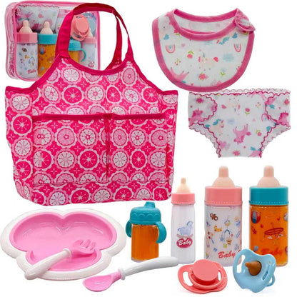 Baby Doll Accessories Magic Bottle Set - 11 Pieces Doll Feeding Pretend Playset with Disappearing Milk & Juice Bottles, Pacifiers Bowl Diaper and Bib Doll Bottle Toys set Gift for Kids Girls Ages 3+