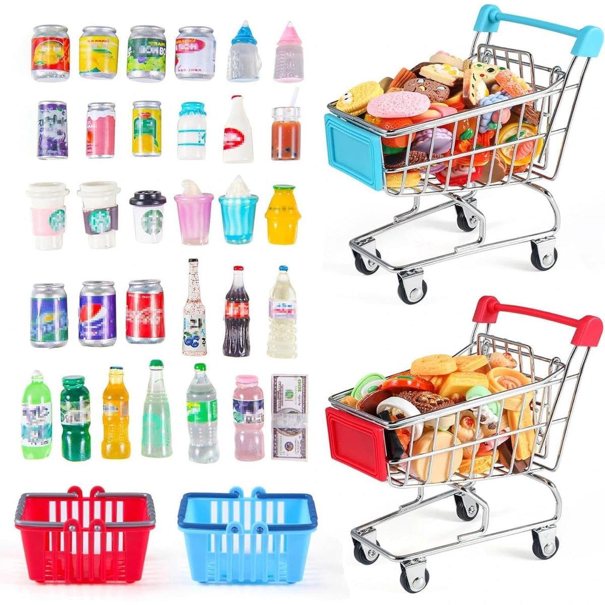 50 Pcs Miniature Food Drink Bottles Soda Pop Cans Pretend Play Kitchen Game Party Accessories Toys Hamburg Cake Ice Cream for 1/12 Doll House (25Food+25Drink)