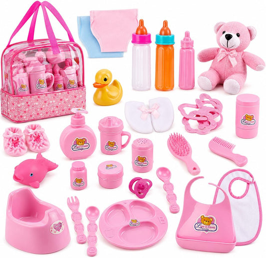 Liberty Imports 28 PCS Baby Doll Accessories Complete Care Set - Doll Feeding Pretend Playset for Kids, Girls with Magic Milk Bottles in a Storage Bag
