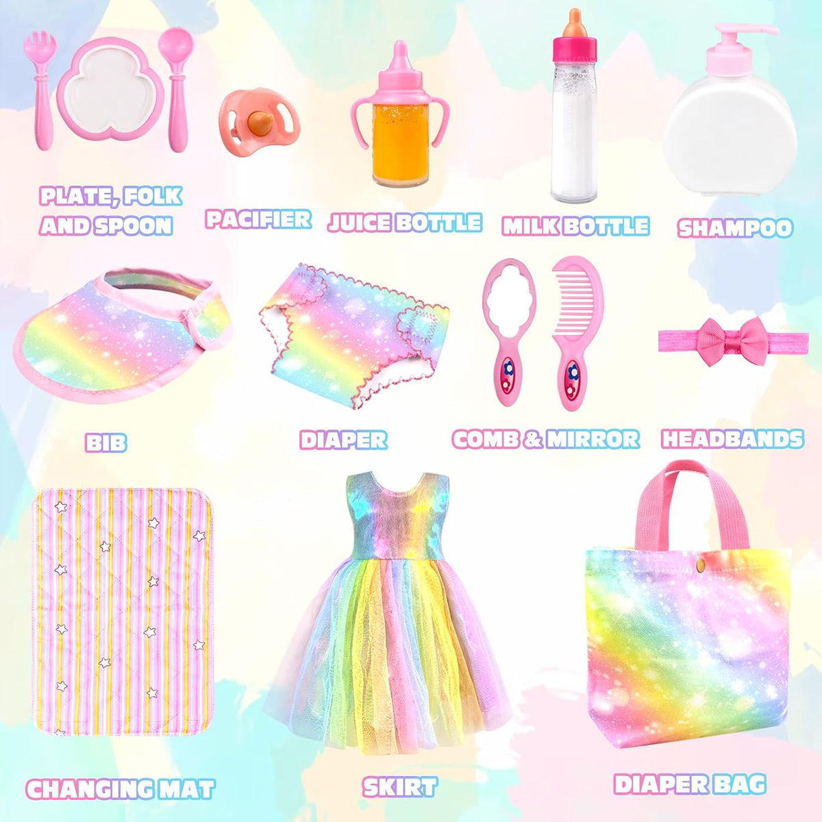 15 Pack Baby Doll Accessories, Feeding and Caring Set with Diaper Bag, Bottles, Dolls Diaper and Changing Mat, Baby Doll Stuff Clothes for Girls, Pretend Play Set Gifts for Kids Toddler