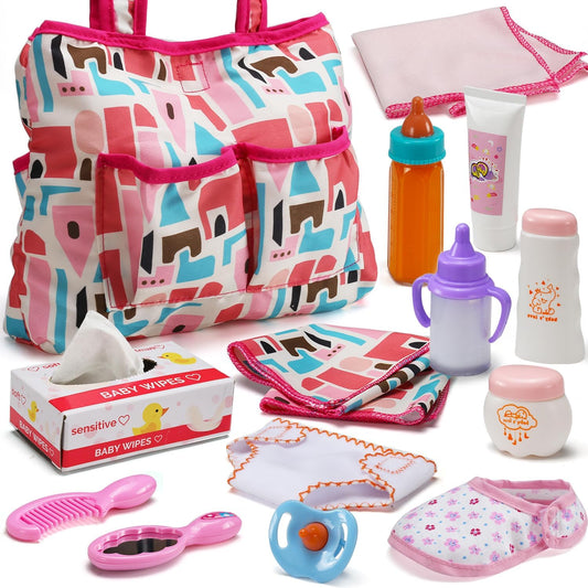 14 Pack Baby Doll Feeding and Caring Set with Diaper Bag