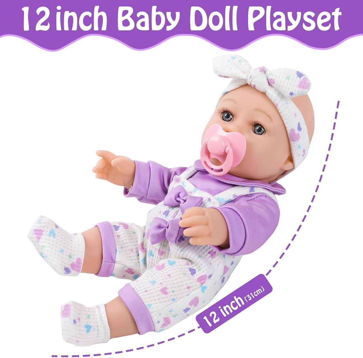 12" Baby Doll with Flower Pattern Backpack Carrier and Accessories Toys
