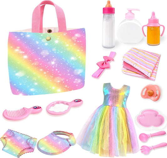 15 Pack Baby Doll Accessories, Feeding and Caring Set with Diaper Bag, Bottles, Dolls Diaper and Changing Mat, Baby Doll Stuff Clothes for Girls, Pretend Play Set Gifts for Kids Toddler