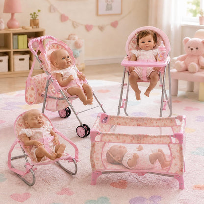 Baby Doll Stroller Bed and Seat Nursery Playset, Baby Doll Accessories Set High Chair Diaper Bag Role Play Deluxe Baby Doll Floral Set
