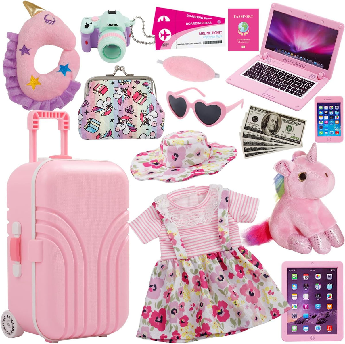 Windolls 18 Inch Doll Suitcase Travel Luggage Play Accessories, Doll Clothes Accessories Carrier Storage Set, Case, Hat, Sunglasses, Camera, Pillow, Toy Pet