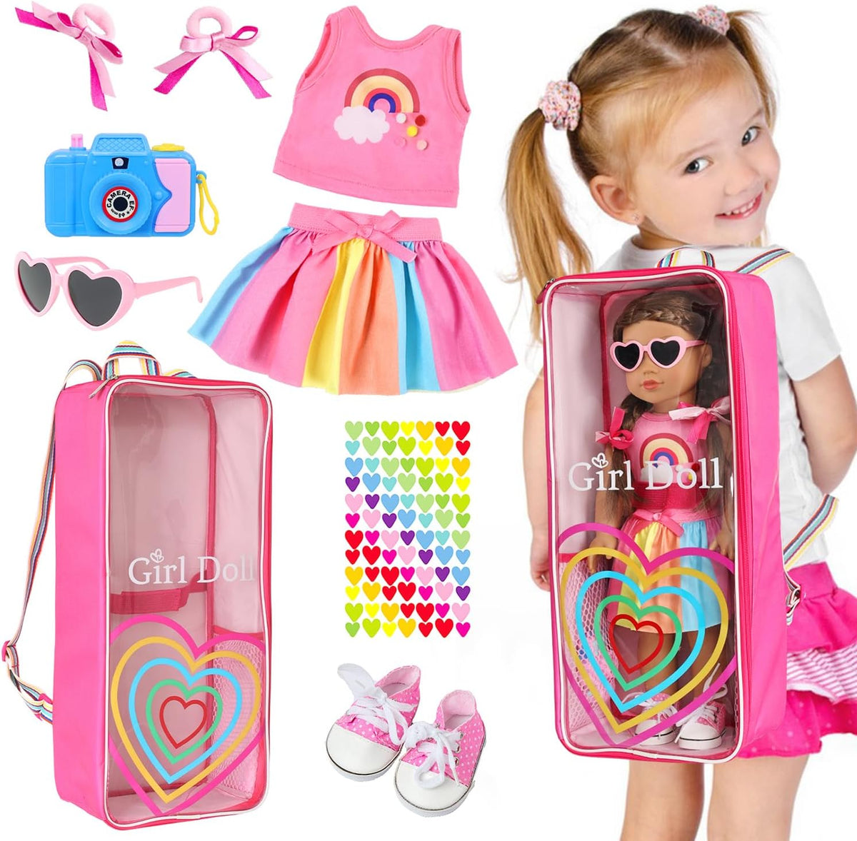 ZITA ELEMENT 18 Inch Girl Doll Travel Carrier Backpack Rainbow Heart Style