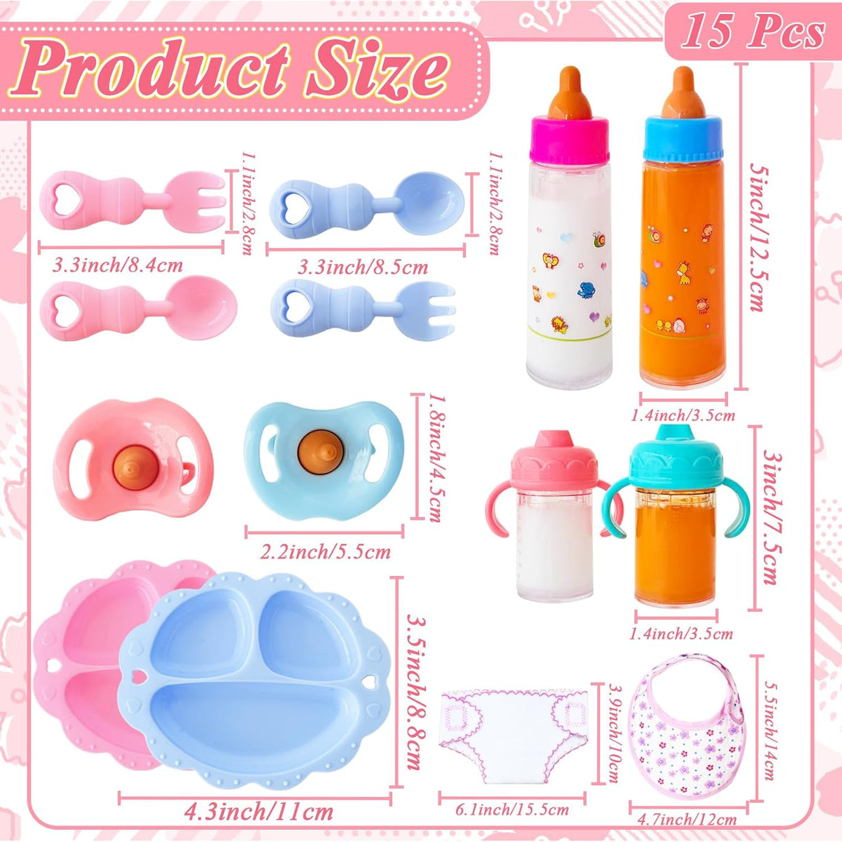 15 Pcs Baby Doll Accessories Magic Bottle Set,Doll Feeding Set with Package,Pretend Play Feeding Toys for Kids,Girls,Party,Gift