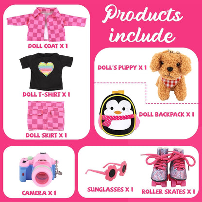 American 18 Inch Doll Clothes & Accessories Set – Includes Pink Plaid Coat, Heart T-Shirt, Skating Shoes, Pet Dog, Penguin Backpack, Camera, Glasses & More – Perfect for 18" Dolls (No Doll)
