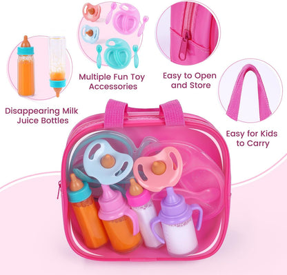 BABESIDE 13 Pcs Baby Doll Accessories Set, Magic Baby Doll Bottles and Accessories Toy Babys Bottles with Disappearing Milk, Babydoll Accessories for Girls Pretend Play Toy