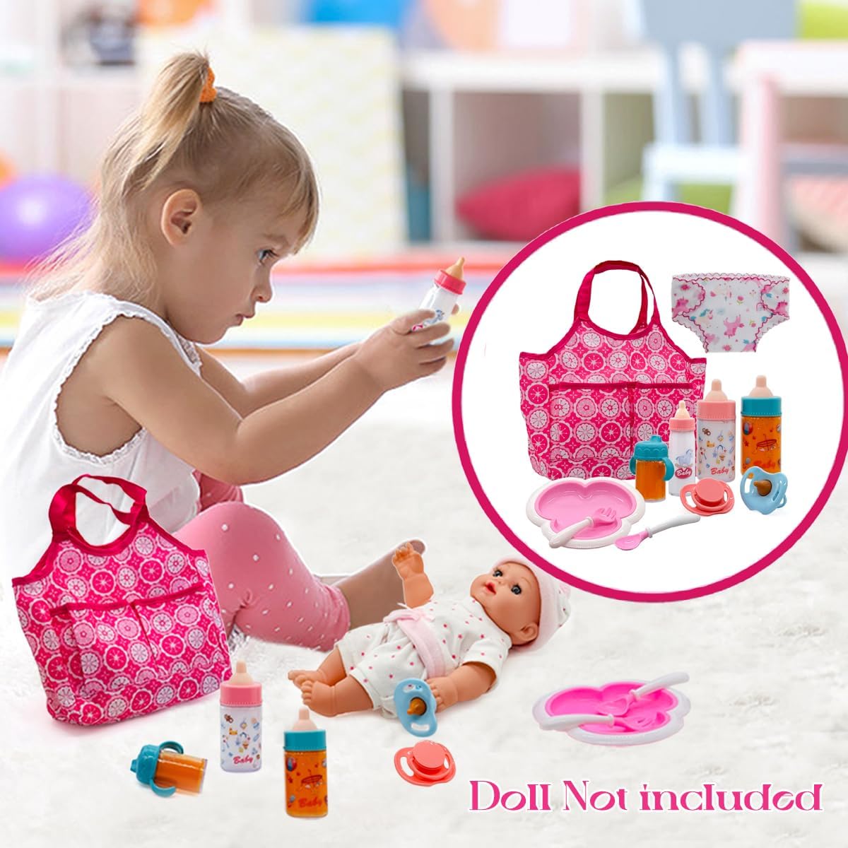 Baby Doll Accessories Magic Bottle Set - Doll Feeding Pretend Playset with Disappearing Milk & Juice Bottles,Handbag Pacifiers Bowl Diaper & Bib Doll Bottle Toys set Gift for Kids Girls Ages 3+