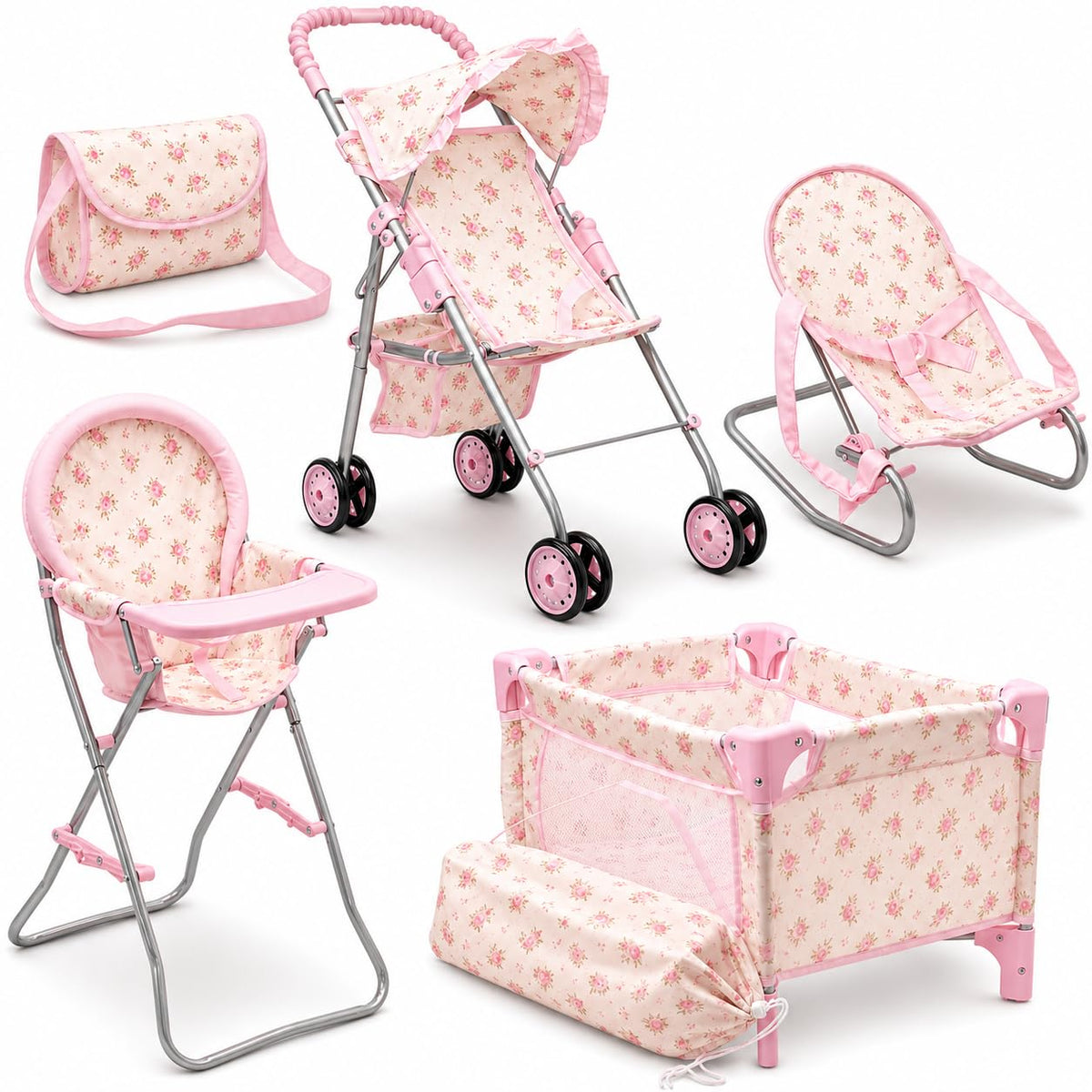 Dolls To Play Baby Doll Stroller Bed and Seat Nursery Playset, Accessories Set High Chair Diaper Bag Role Play Deluxe Set Heart Design