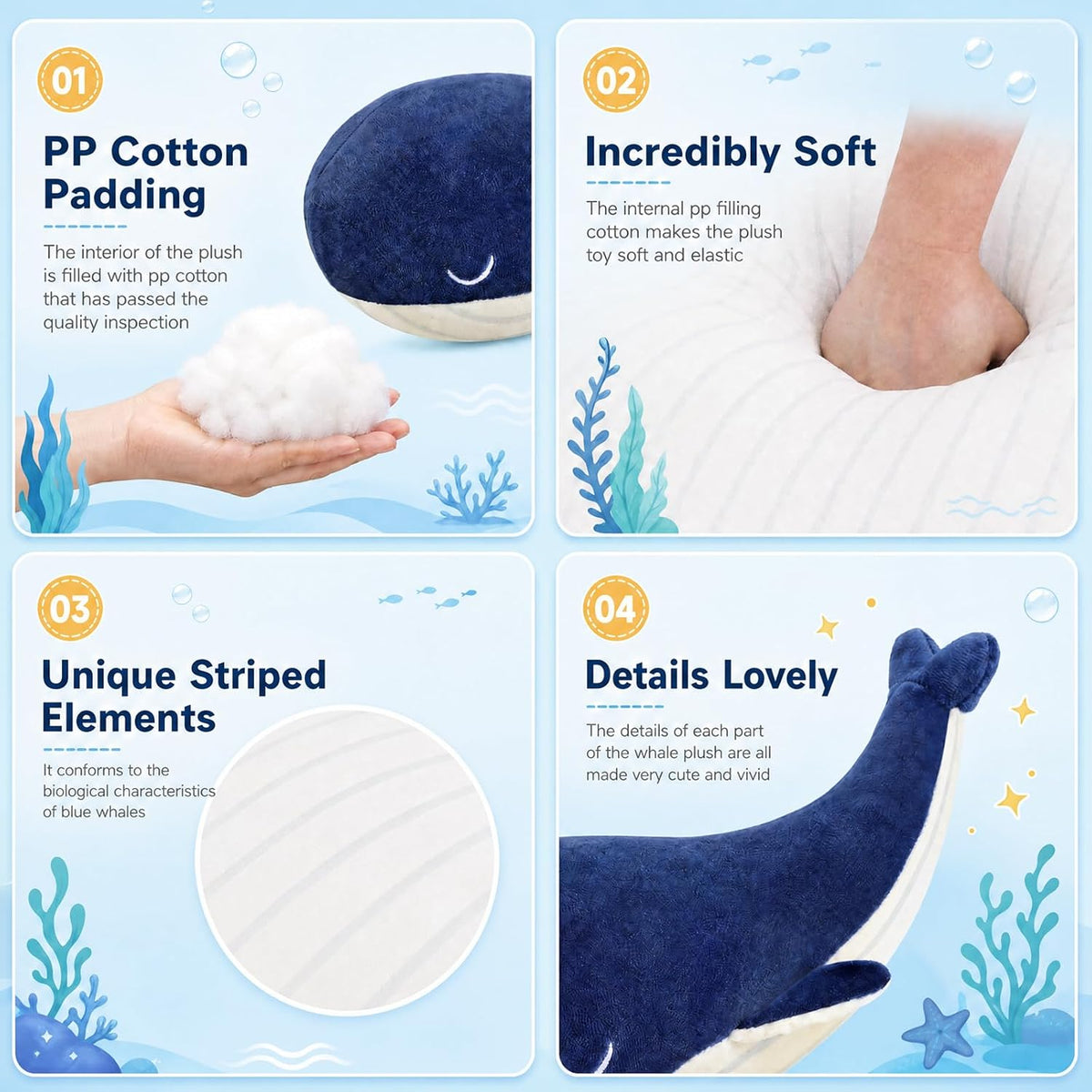 Whale Plush Pillow, Blue 10 Inch, Cute Stuffed Animal Plushies
