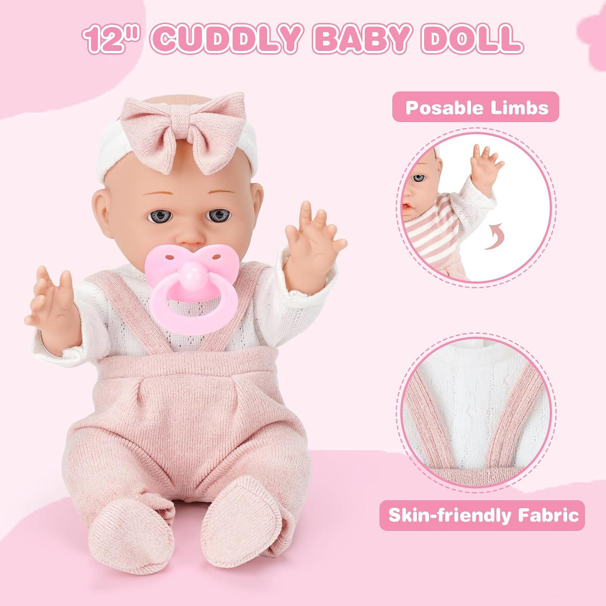 Dreamon Baby Doll Set 12" Baby Doll with Feeding & Caring Accessories, Pink