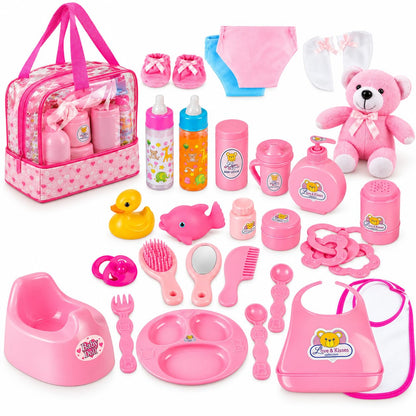fash n kolor My Sweet 13-Piece Doll Feeding & Diaper Bag Set – Magic Disappearing Milk Bottles, Diapers, Bibs, Pacifiers & Accessories – Pretend Play Doll Care Kit with Carrying Bag for Girls