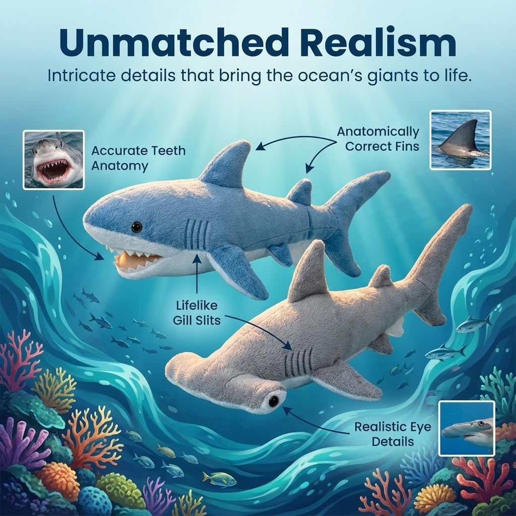 Large Plush Shark Stuffed Animals (2-Pack) 14-In Mako & 13 Inch Hammerhead