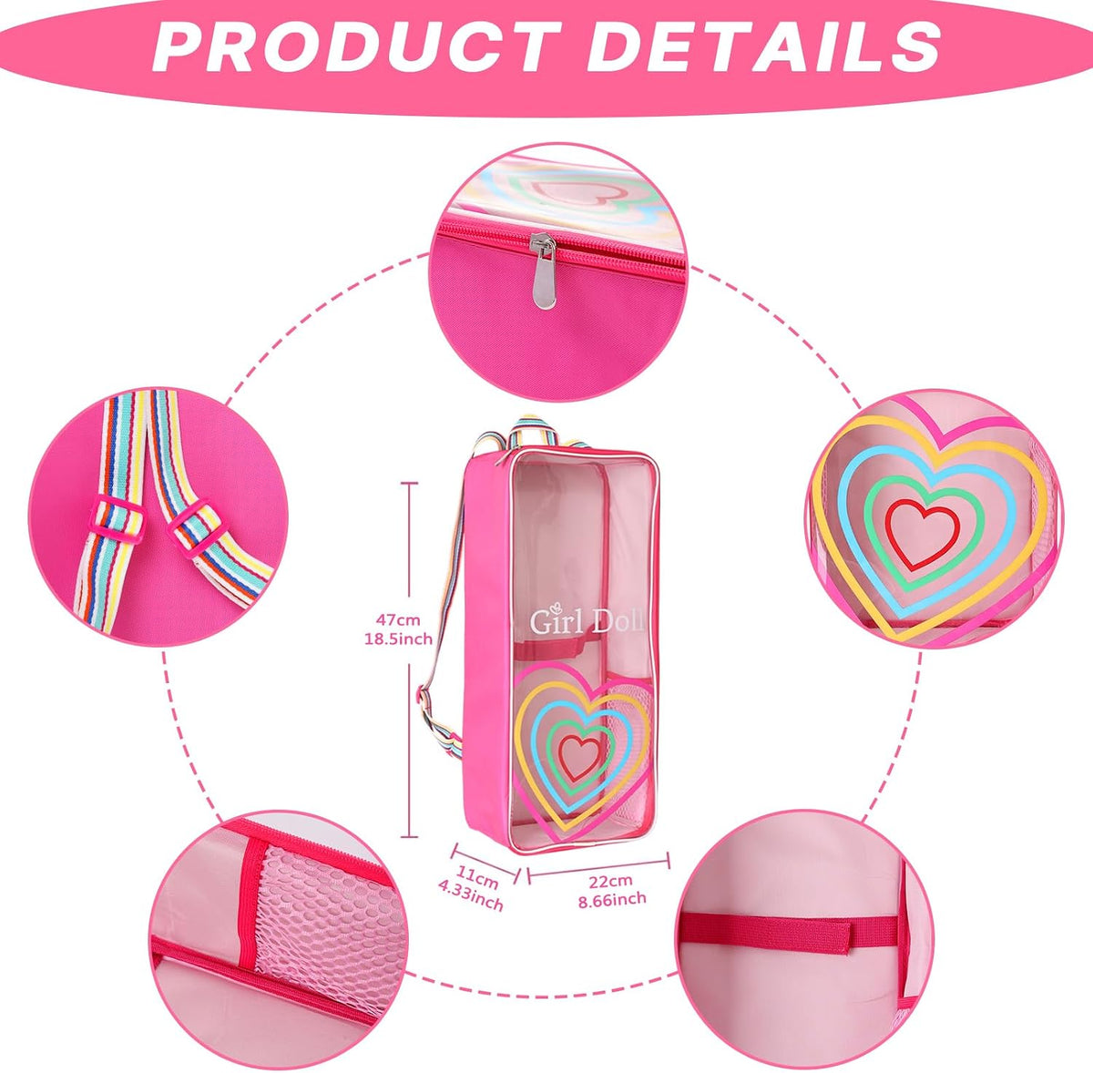ZITA ELEMENT 18 Inch Girl Doll Travel Carrier Backpack Rainbow Heart Style