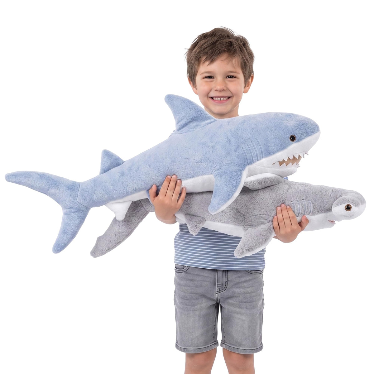 Large Plush Shark Stuffed Animals (2-Pack) 14-In Mako & 13 Inch Hammerhead