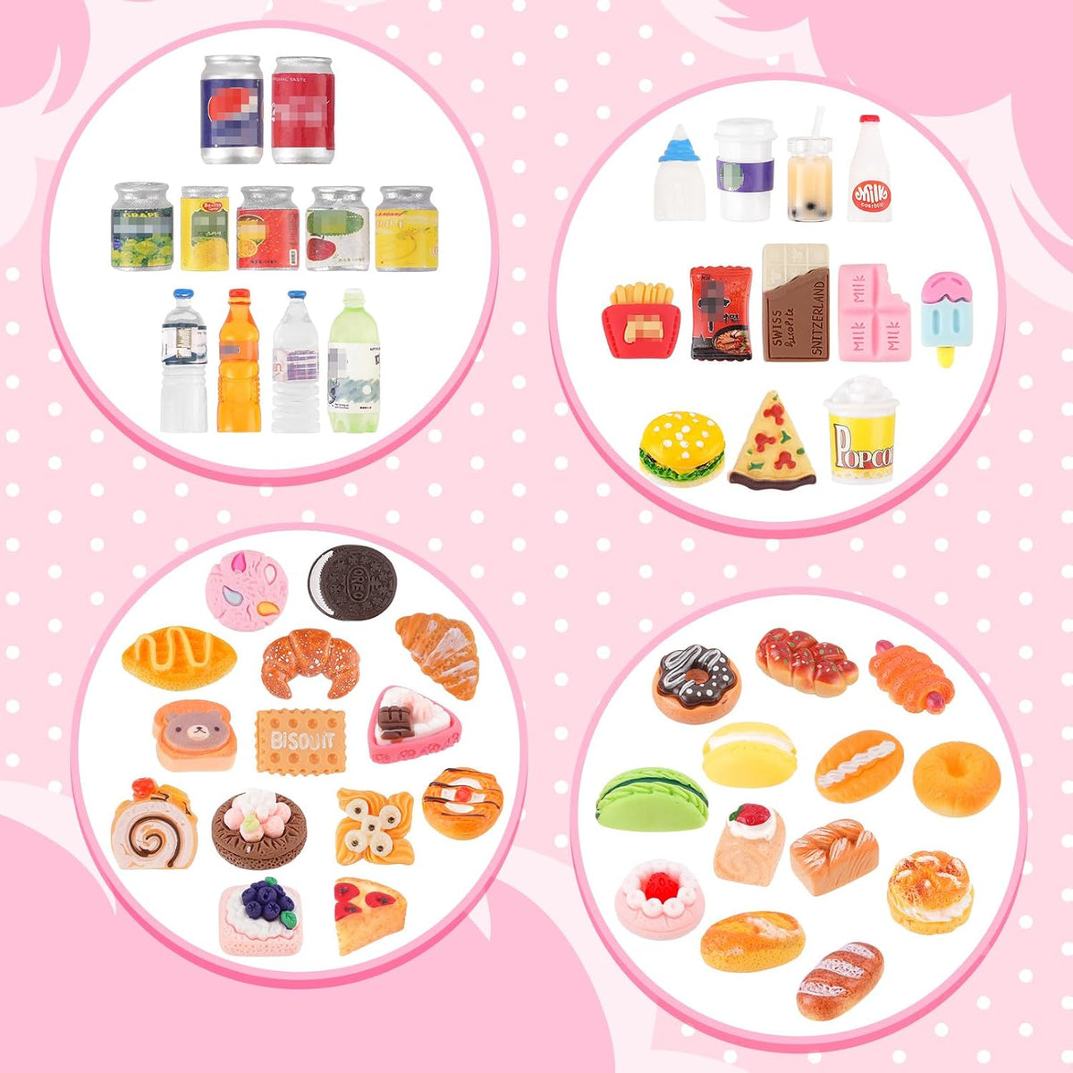 50Pcs Miniature Food Drinks Bottle Soda Pop Cans, Pretend Play Mini Kitchen Game Party Accessories Toys Hamburg Cake Ice Cream for 1/12 Doll House
