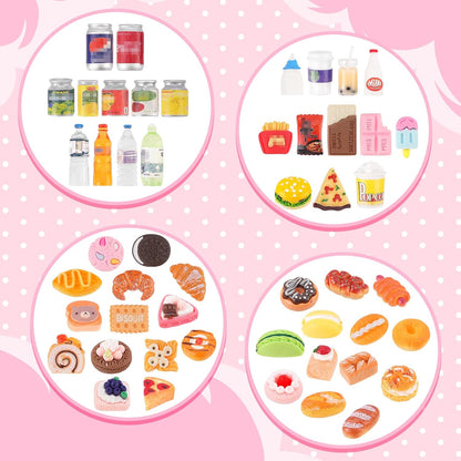 50Pcs Miniature Food Drinks Bottle Soda Pop Cans, Pretend Play Mini Kitchen Game Party Accessories Toys Hamburg Cake Ice Cream for 1/12 Doll House