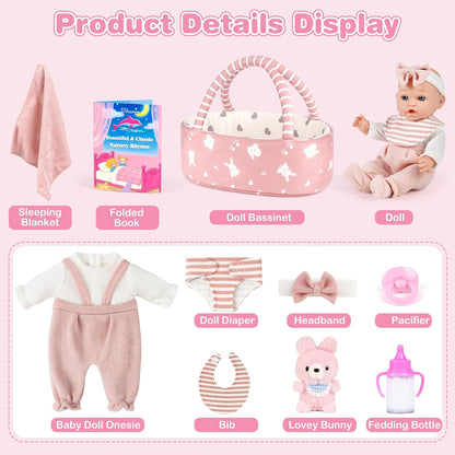 Dreamon Baby Doll Set 12" Baby Doll with Feeding & Caring Accessories, Pink