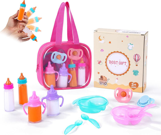 BABESIDE 13 Pcs Baby Doll Accessories Set, Magic Baby Doll Bottles and Accessories Toy Babys Bottles with Disappearing Milk, Babydoll Accessories for Girls Pretend Play Toy