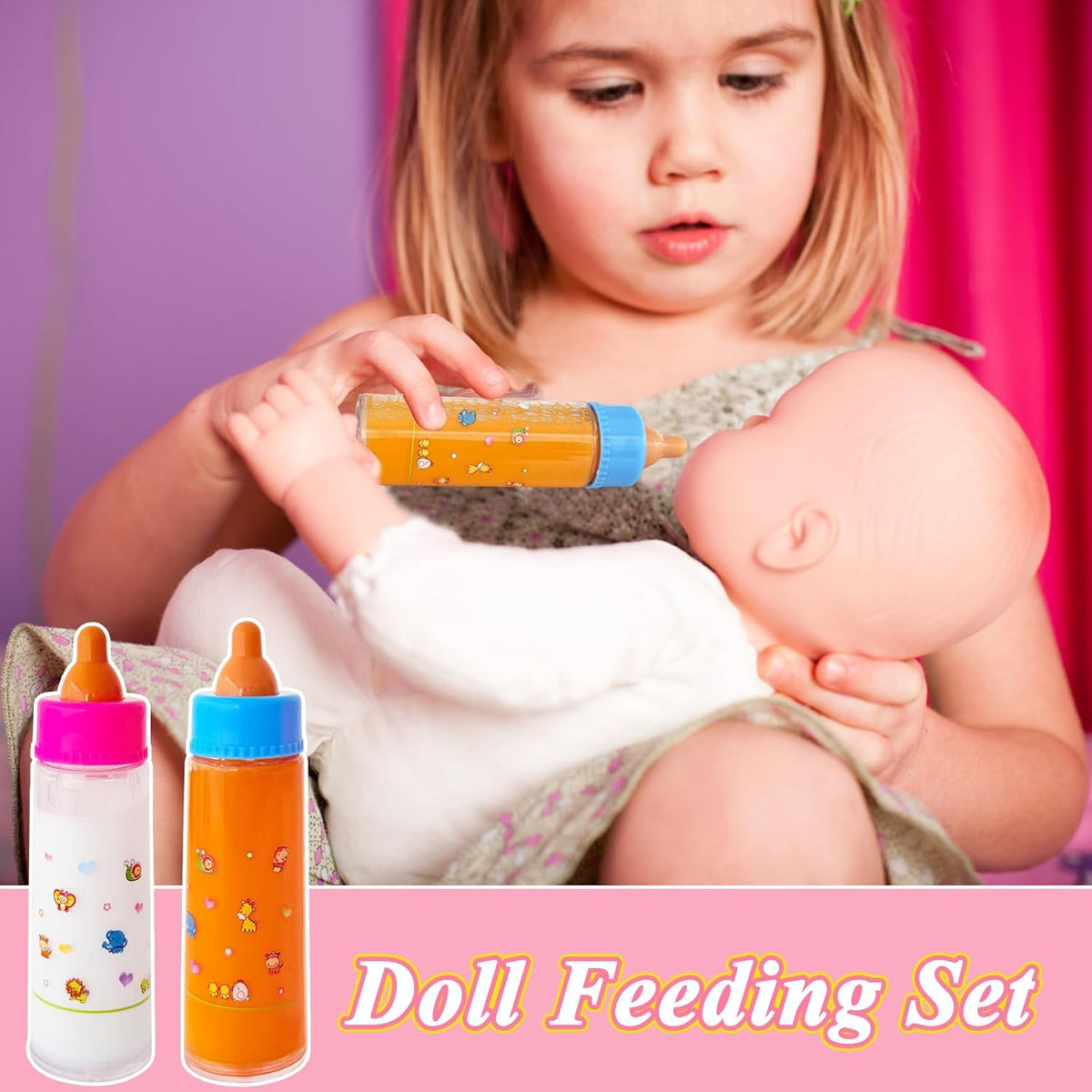 15 Pcs Baby Doll Accessories Magic Bottle Set,Doll Feeding Set with Package,Pretend Play Feeding Toys for Kids,Girls,Party,Gift