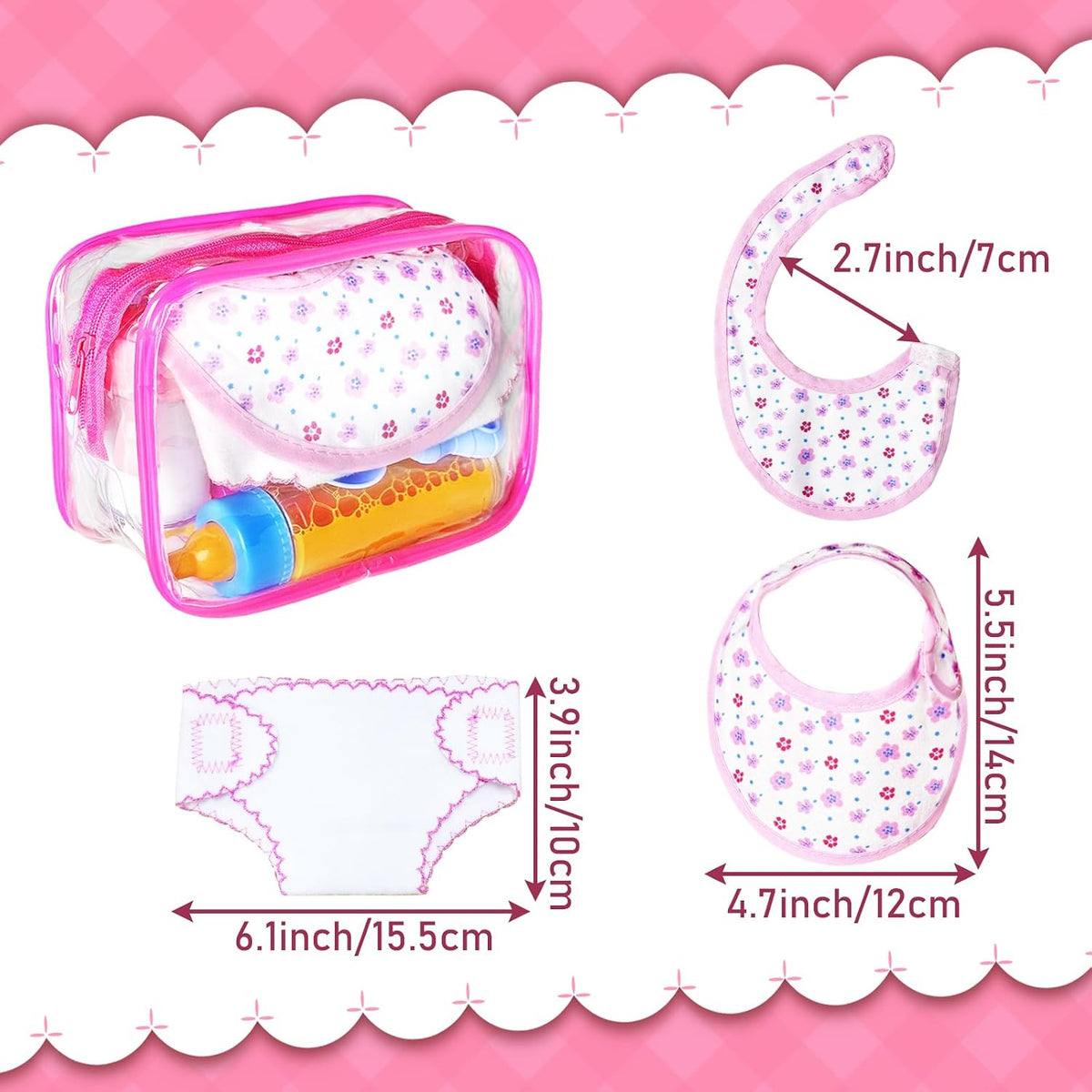 15Pcs Baby Doll Accessories Magic Bottle Set,Pretend Play Feeding Toy with Juice Milk Bottles,Sippy Cups,Pacifiers,Bowl Spoons,Bib,Diaper,Dolls Feeding Kit for Kids Girls,Party,Gift