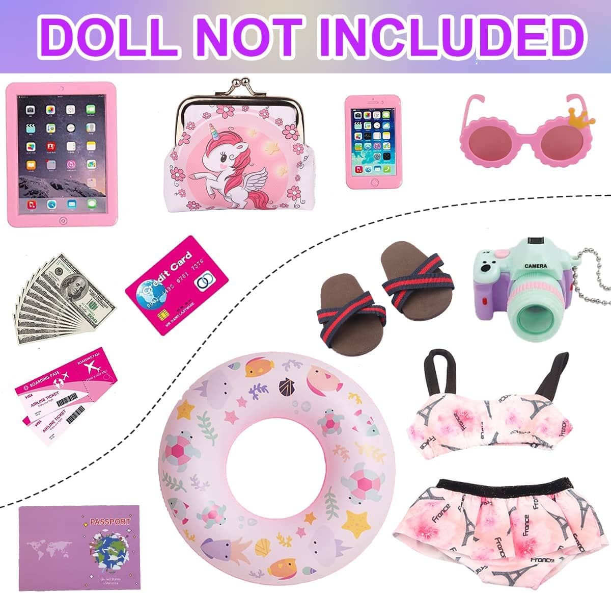 18 inch Girl Doll Accessories-Travel Luggage Play Set for 18 Inch Girl Dolls Include Case,Doll Swimming Suit,Ring,Sunglasses,Camera,etc.